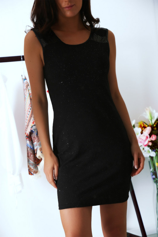 Jolie robe Noir à pailettes avec épaules en similicuir - 4