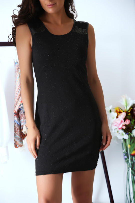 Jolie robe Noir à pailettes avec épaules en similicuir - 6