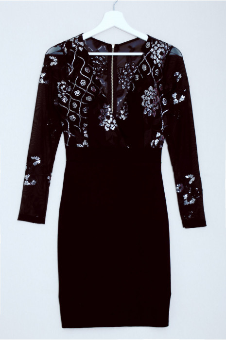 Crossover evening dress adorned with silver sequins - 1