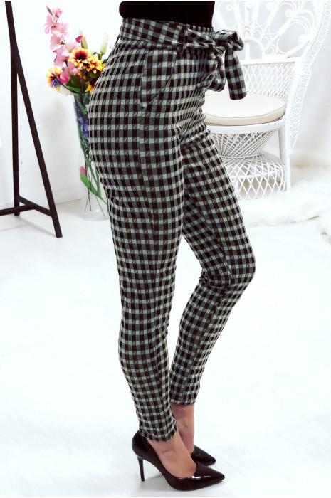 Pantalon slim à motif noir et orange avec ceinture et poches - 4