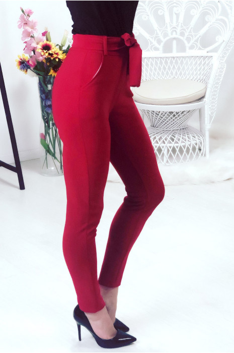 Pantalon rouge avec ceinture et poches - 6