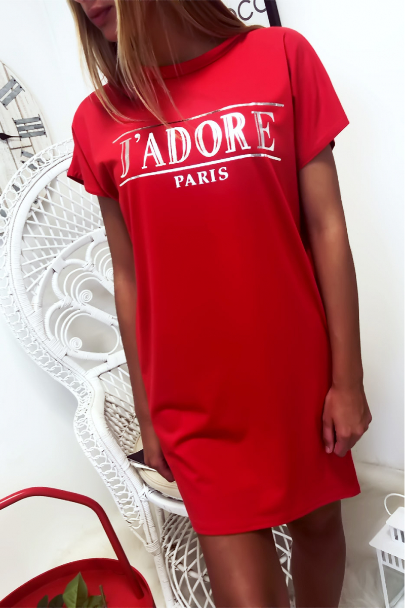 Robe T-shirt Rouge avec écriture J'adore et poche,. Robe tunique très agréable à porter - 3