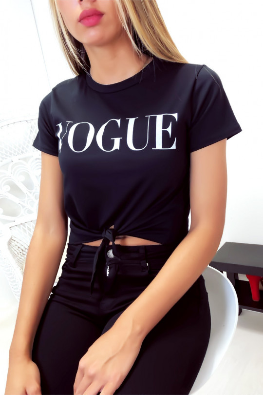 Mooie zwarte crop top met Vogue-tekst en kleine strik - 1