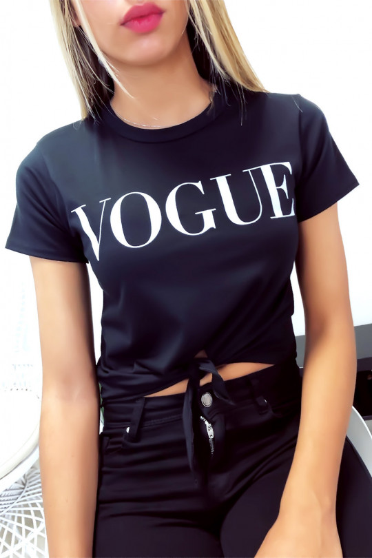 Mooie zwarte crop top met Vogue-tekst en kleine strik - 2