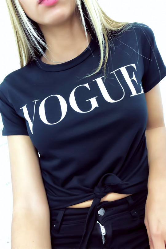 Mooie zwarte crop top met Vogue-tekst en kleine strik - 4