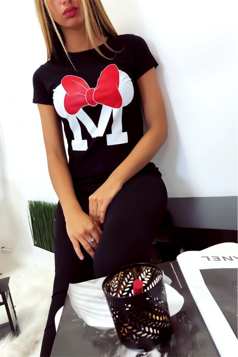 T-shirt noir en coton avec écriture M et papillon - 1