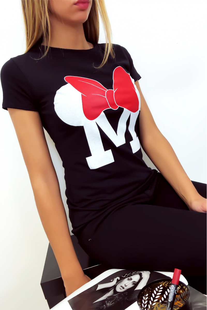 T-shirt noir en coton avec écriture M et papillon - 4