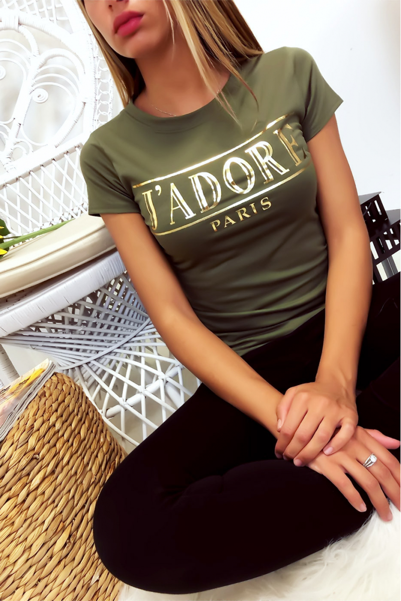 T-shirt kaki en coton avec écriture J'adore en doré - 4