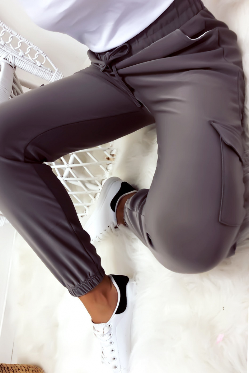 Pantalon treillis en gris avec poches et lacet - 3