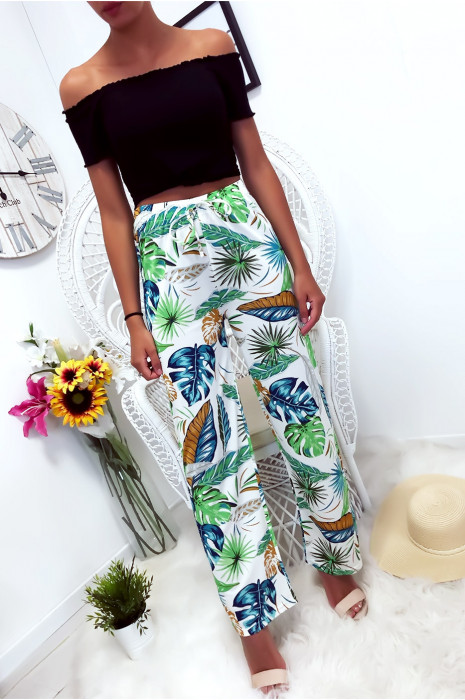 Pantalon palazzo avec jolie motif fleuris blanc et bleu - 1
