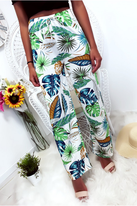 Pantalon palazzo avec jolie motif fleuris blanc et bleu - 2