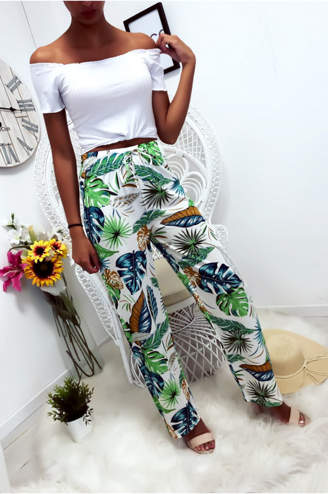 Pantalon palazzo avec jolie motif fleuris blanc et bleu - 4