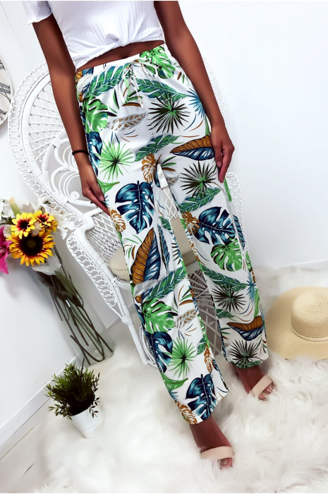 Pantalon palazzo avec jolie motif fleuris blanc et bleu - 5