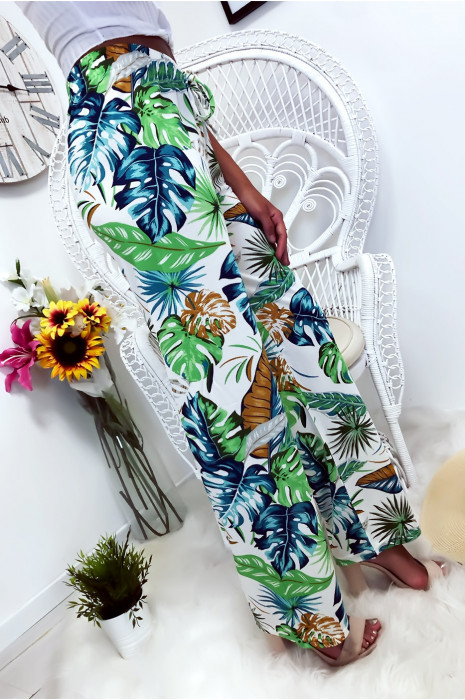 Pantalon palazzo avec jolie motif fleuris blanc et bleu - 6