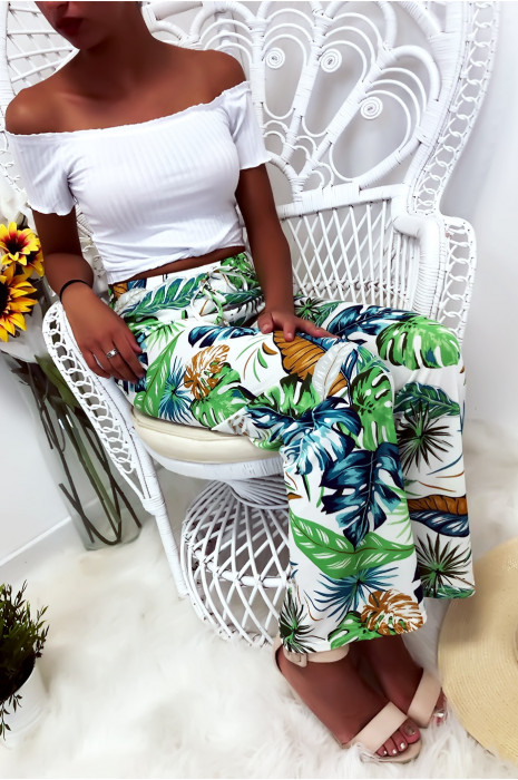 Pantalon palazzo avec jolie motif fleuris blanc et bleu - 8
