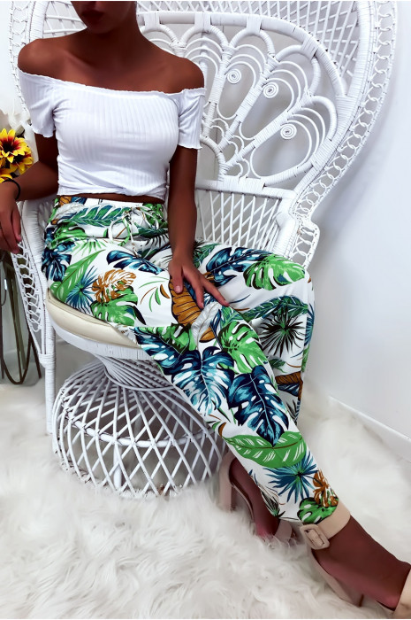 Pantalon palazzo avec jolie motif fleuris blanc et bleu - 9