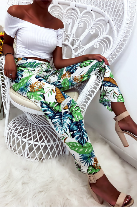 Pantalon palazzo avec jolie motif fleuris blanc et bleu - 10