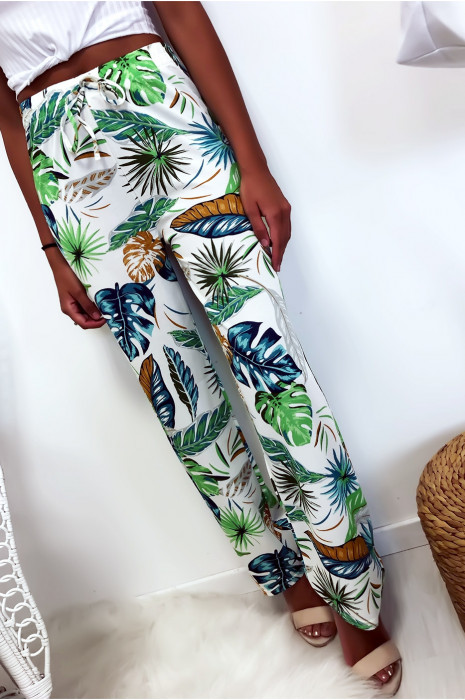 Pantalon palazzo avec jolie motif fleuris blanc et bleu - 11