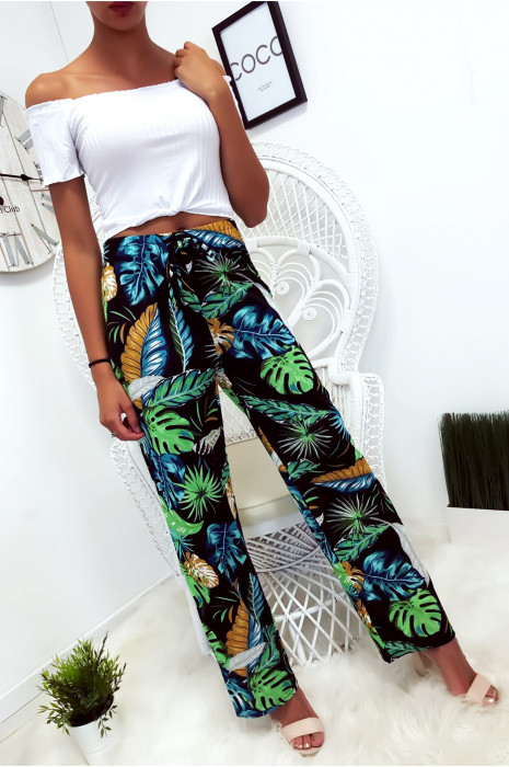 Pantalon palazzo avec jolie motif fleuris sur fond noir - 1