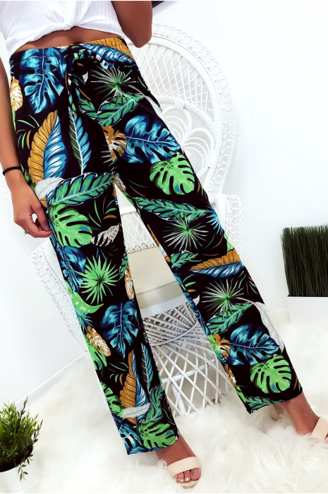 Pantalon palazzo avec jolie motif fleuris sur fond noir - 2