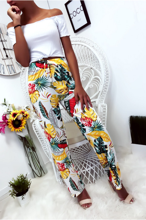 Pantalon palazzo avec jolie motif fleuris blanc et moutarde - 1