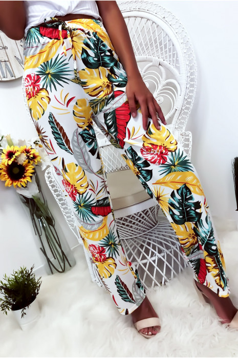 Pantalon palazzo avec jolie motif fleuris blanc et moutarde - 2