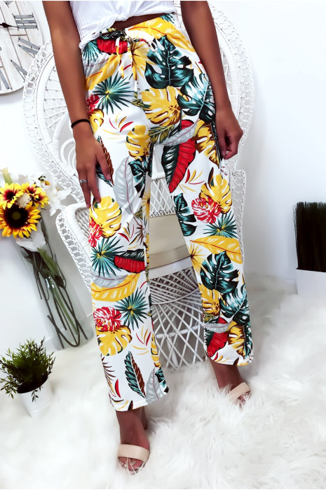 Pantalon palazzo avec jolie motif fleuris blanc et moutarde - 3