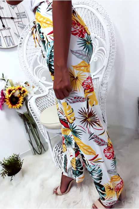 Pantalon palazzo avec jolie motif fleuris blanc et moutarde - 4