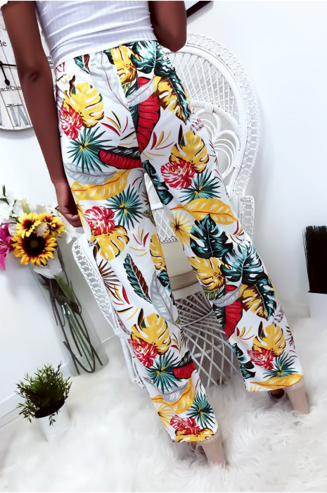 Pantalon palazzo avec jolie motif fleuris blanc et moutarde - 5
