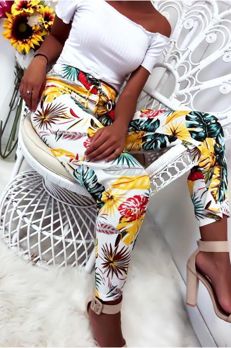 Pantalon palazzo avec jolie motif fleuris blanc et moutarde - 7