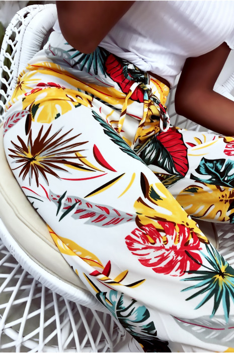 Pantalon palazzo avec jolie motif fleuris blanc et moutarde - 8