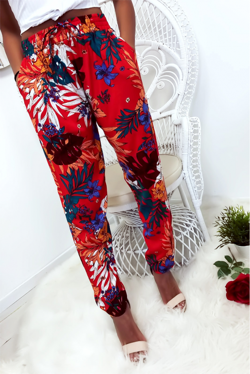 Pantalon fluide très agréable à porter en coton, motif fleuri rouge avec poche et lacet - 5