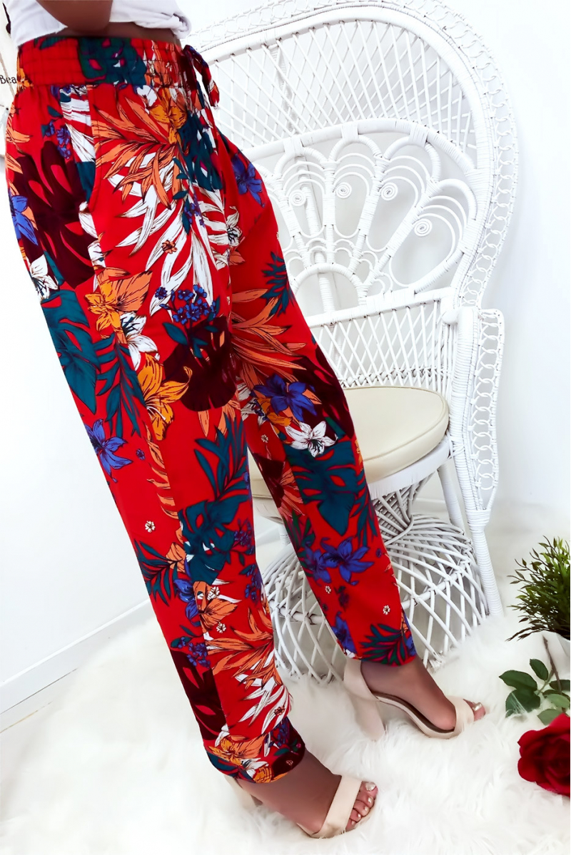 Pantalon fluide très agréable à porter en coton, motif fleuri rouge avec poche et lacet - 6