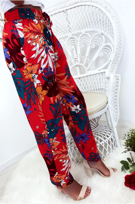 Pantalon fluide très agréable à porter en coton, motif fleuri rouge avec poche et lacet - 2