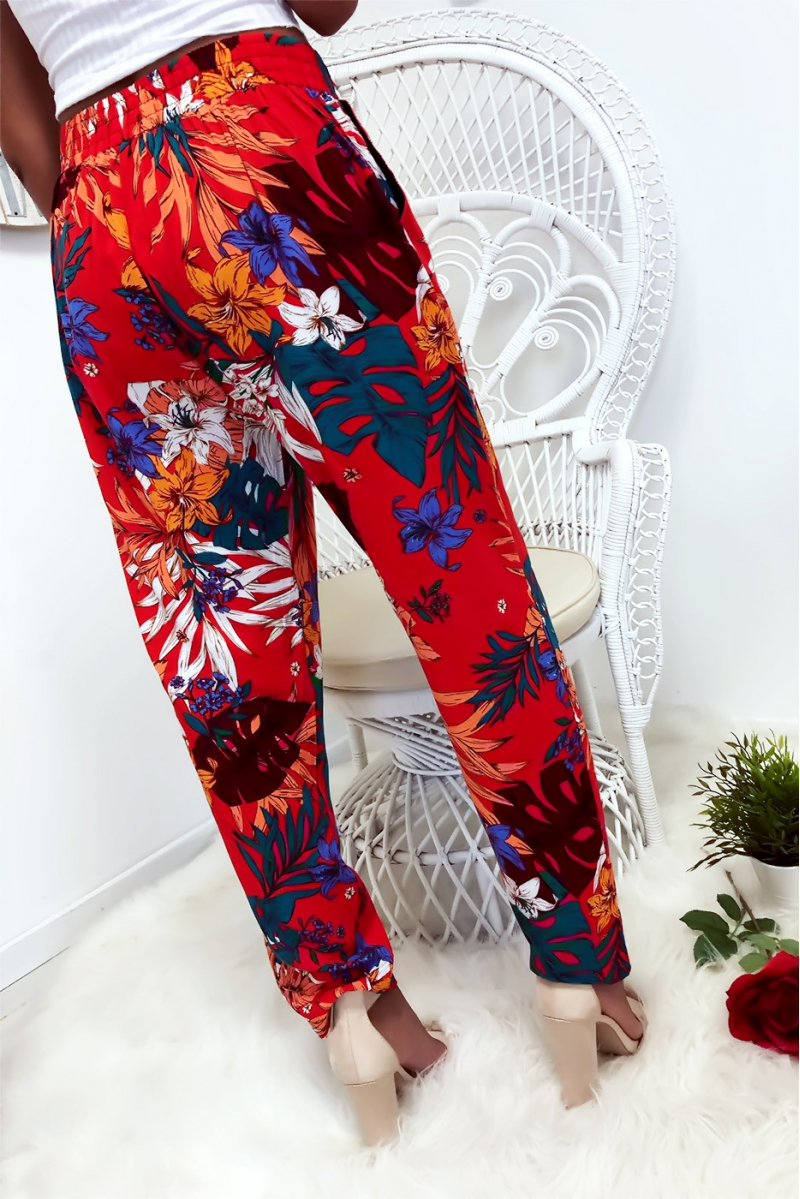 Pantalon fluide très agréable à porter en coton, motif fleuri rouge avec poche et lacet - 7