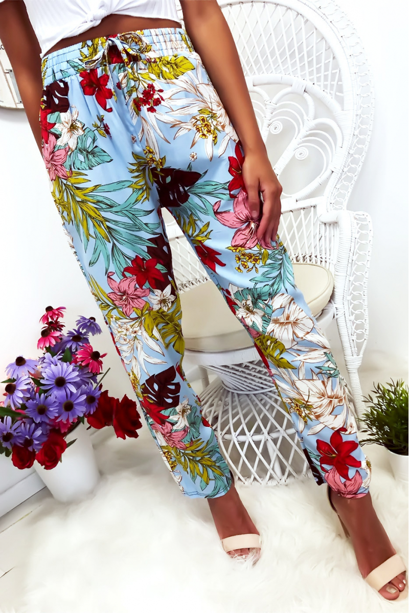 Pantalon fluide très agréable à porter en coton, motif fleuri turquoise avec poche et lacet - 7