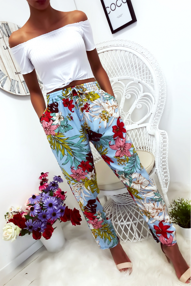 Craft in terms of Junction Pantalon fluide très agréable à porter en coton, motif fleuri turquoise  avec poche et lacet
