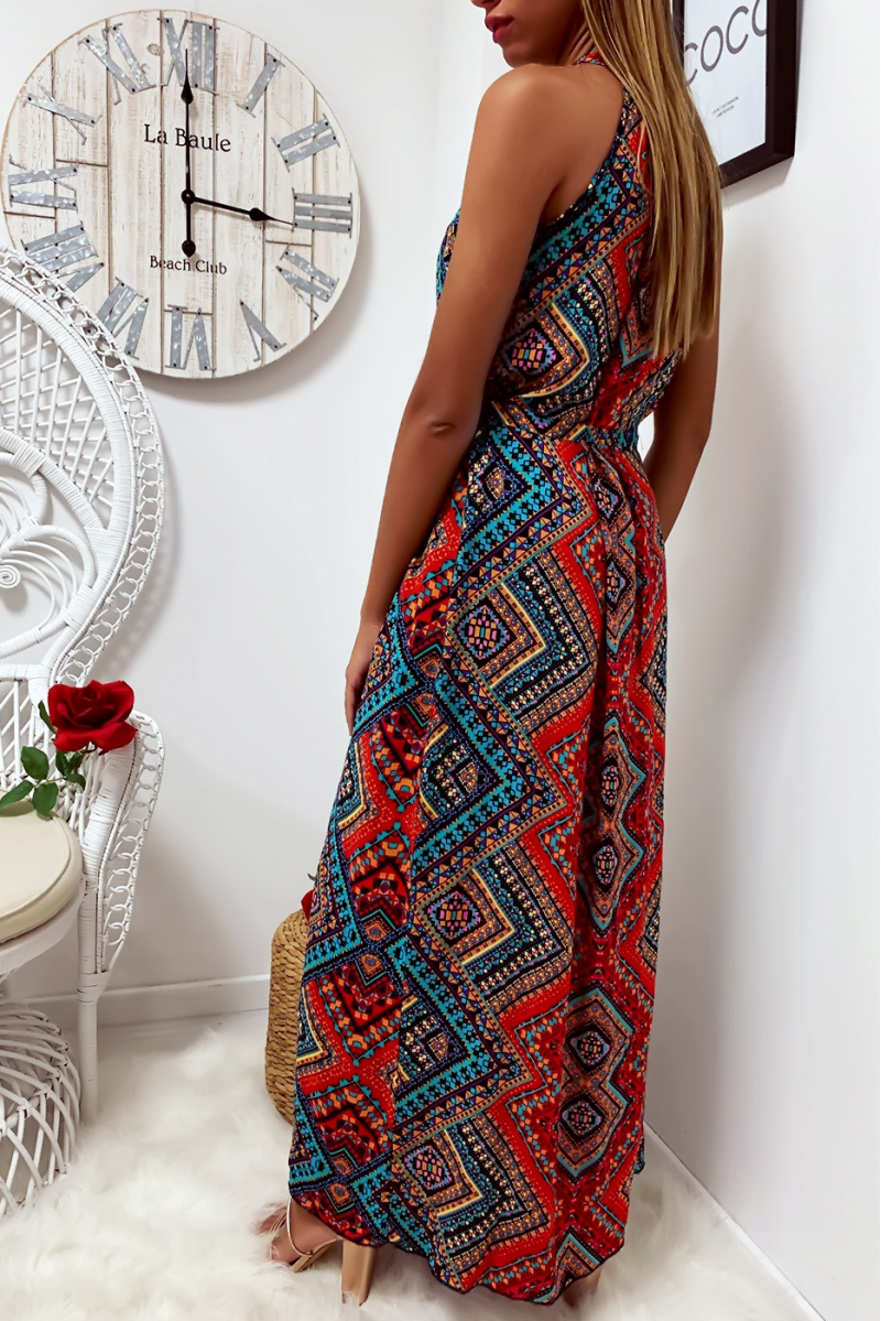 Longue robe très chic à motif rouge et bleu avec ceinture - 4