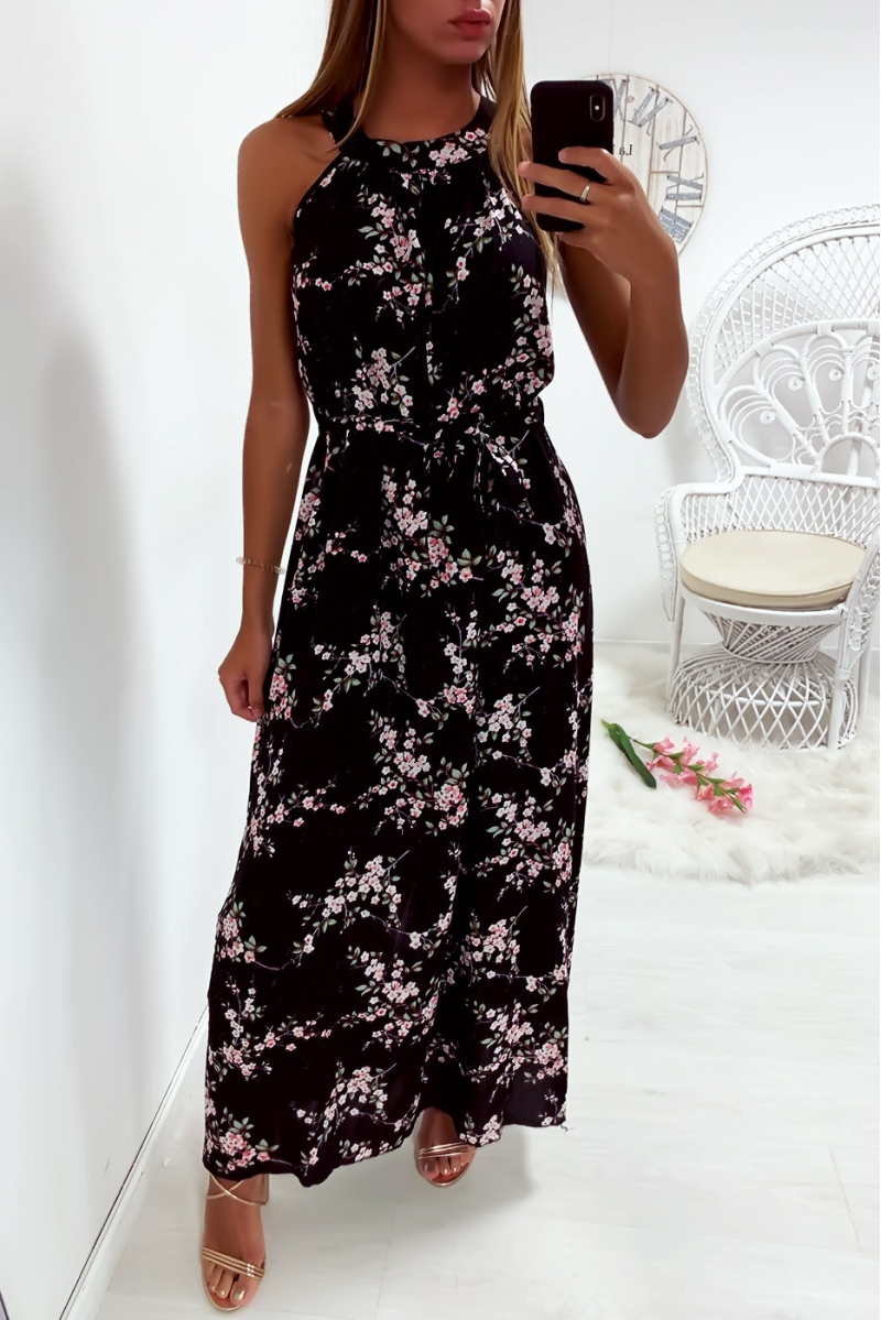 Longue robe noir très chic à motif fleuri avec ceinture - 2