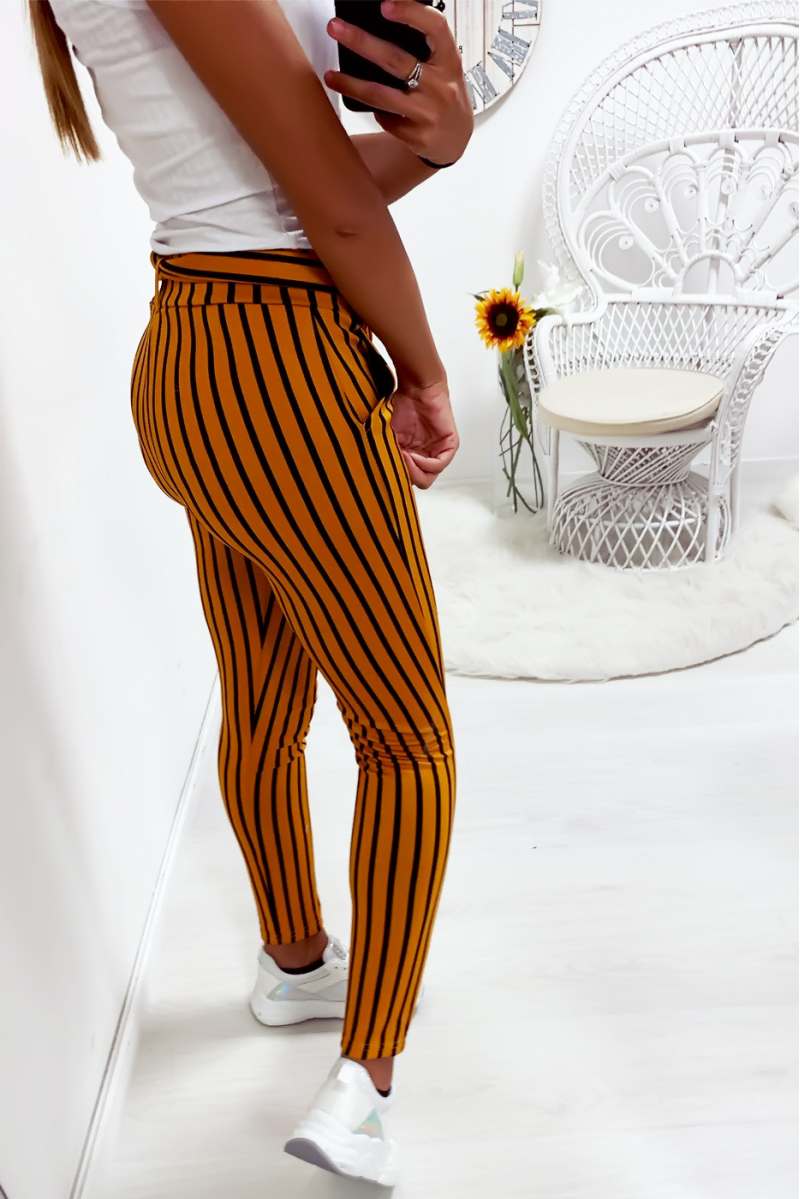Mustard and white striped slim pants with pockets and belt - 2