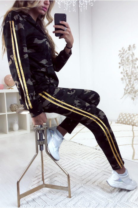 Ensemble gilet et jogging couleur militaire avec bande doré - 4