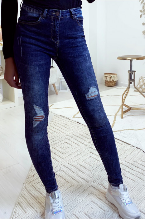 Jeans slim bleu foncé délave et déchiré aux genoux A1016 - 1