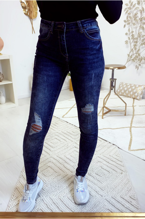 Jeans slim bleu foncé délave et déchiré aux genoux A1016 - 2