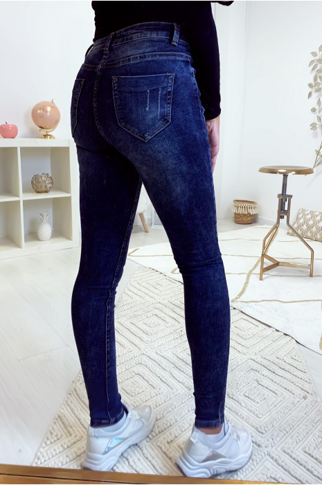Jeans slim bleu foncé délave et déchiré aux genoux A1016 - 3