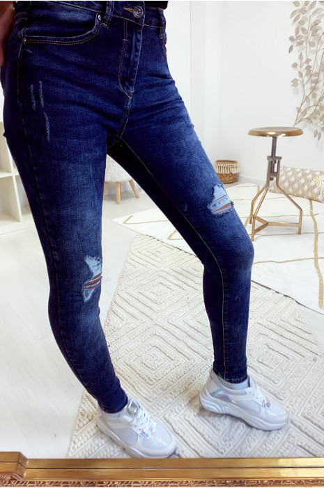 Jeans slim bleu foncé délave et déchiré aux genoux A1016 - 4