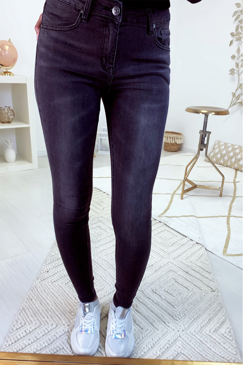 Jeans slim noir basic délavé et très extensible A1002 - 3