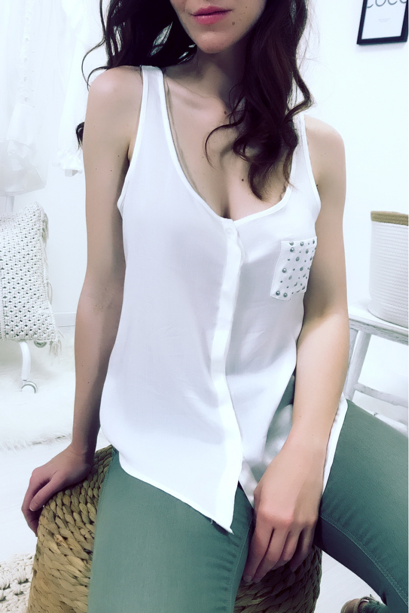 White sleeveless blouse with rhinestone pocket and lace back. F2030 - 2