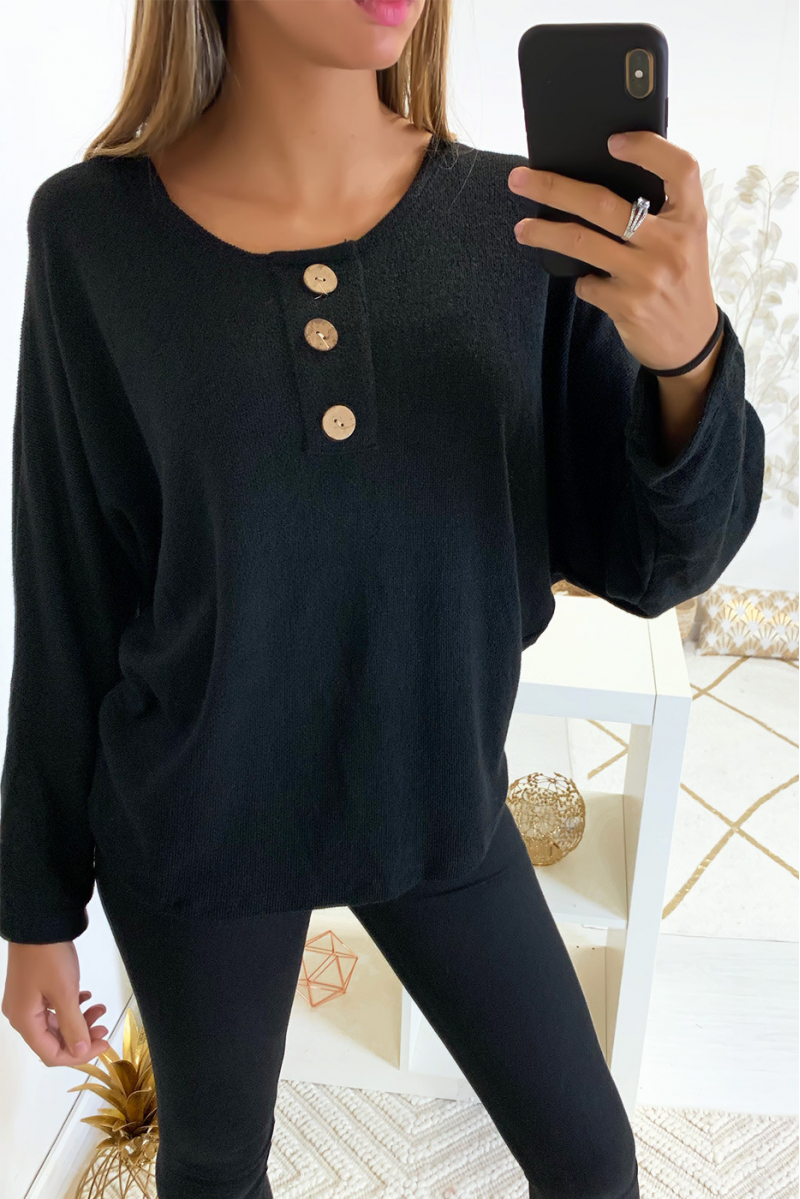 Pull noir coupe chauve souris avec 3 boutons au col - 3