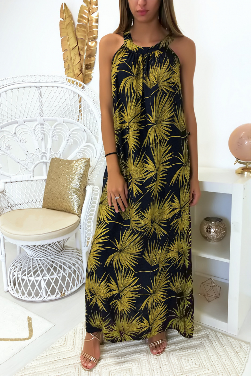 Longue robe très chic à motif fleuris marine et moutarde - 1