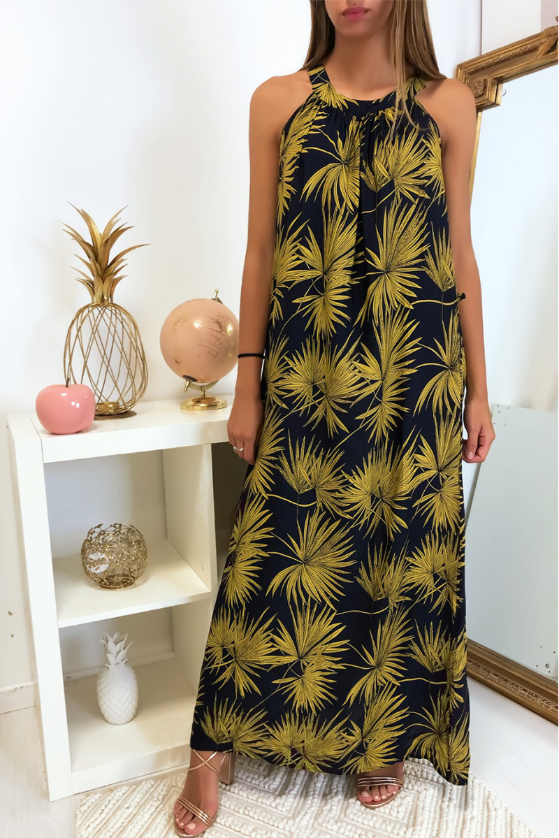 Longue robe très chic à motif fleuris marine et moutarde - 5